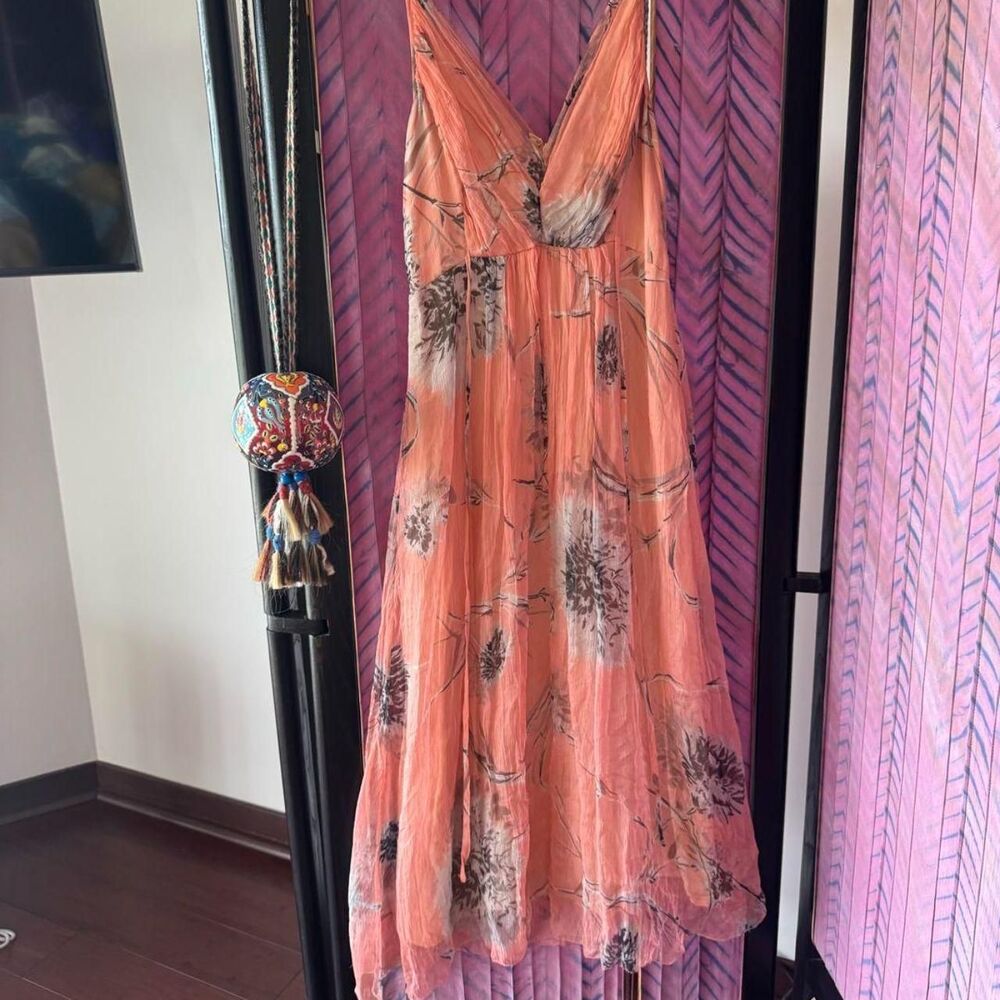 Saja 90s silk slip dress, peach pink floral midi
